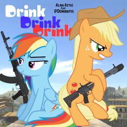 Size: 1280x1280 | Tagged: safe, artist:edy_january, derpibooru import, applejack, rainbow dash, earth pony, pegasus, pony, ak, ak-47, ak103, alan aztec, album, album cover, album parody, appledash, applejack's hat, ar-15, assault rifle, clothes, cowboy hat, demantis, female, gun, hardbass, hat, lesbian, link in description, music, rifle, shipping, song, weapon, youtube link