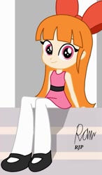 Size: 629x1080 | Tagged: safe, artist:rjp.rammy, derpibooru import, part of a set, apple bloom, human, equestria girls, equestria girls (movie), blossom (powerpuff girls), bow, canterlot high, clothes, cute, cute smile, equestria girls-ified, hair bow, looking at you, ponytail, signature, sitting, smiling, smiling at you, solo, stairs, the powerpuff girls