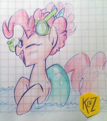 Size: 659x747 | Tagged: safe, artist:kluzart, derpibooru import, pinkie pie, earth pony, pony, graph paper, inner tube, pool toy, snorkel, solo, traditional art