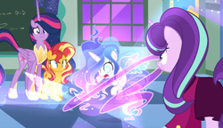 Size: 2500x1440 | Tagged: safe, artist:harmonyvitality-yt, derpibooru import, princess twilight 2.0, starlight glimmer, sunset shimmer, twilight sparkle, twilight sparkle (alicorn), oc, alicorn, pony, alicorn oc, base used, chalkboard, clothes, eyelashes, female, hoof shoes, horn, indoors, mare, offspring, older, older starlight glimmer, older twilight, parent:flash sentry, parent:twilight sparkle, parents:flashlight, wings