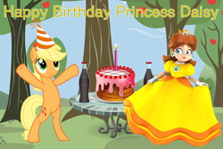 Size: 3000x2000 | Tagged: safe, artist:estories, artist:up1ter, artist:user15432, derpibooru import, applejack, earth pony, human, pony, apple, apple daisy, apple tree, barely pony related, bipedal, birthday, birthday cake, bottle, cake, crossover, cute, drink, food, happy birthday, hat, jackabetes, party, party hat, plate, princess daisy, smiling, soda, soda bottle, super mario bros., sweet apple acres, tree