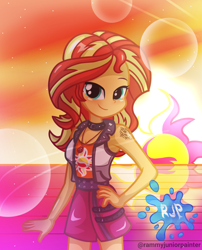 Size: 2015x2490 | Tagged: safe, alternate version, artist:rjp.rammy, derpibooru import, sunset shimmer, human, better together, equestria girls, bare shoulders, blushing, breasts, cleavage, clothes, cutie mark on clothes, female, geode of empathy, hand on hip, jewelry, looking at you, magical geodes, necklace, signature, sleeveless, smiling, smiling at you, solo, sunset, sunset jiggler, tattoo, vest