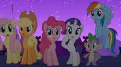 Size: 1038x574 | Tagged: safe, derpibooru import, screencap, applejack, fluttershy, pinkie pie, rainbow dash, rarity, spike, magical mystery cure, amazed, awe, gasp, mane five, needs more jpeg, night, stars