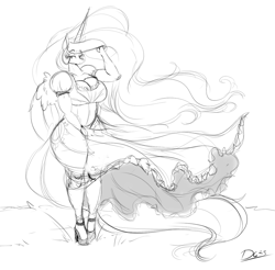 Size: 1048x1032 | Tagged: safe, artist:thelunarmoon, derpibooru import, princess celestia, alicorn, anthro, unguligrade anthro, big breasts, black and white, breasts, cleavage, clothes, dress, eyebrows, eyebrows visible through hair, female, grayscale, lidded eyes, mare, monochrome, princess breastia, simple background, sketch, solo, sundress, white background, windswept mane