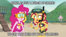 Size: 1066x600 | Tagged: safe, derpibooru import, edit, edited screencap, editor:twi clown, screencap, pinkie pie, sunset shimmer, human, better together, equestria girls, unsolved selfie mysteries, beach, belly button, bikini, caption, clothes, female, image macro, one-piece swimsuit, pinkie pie swimsuit, summer sunset, sunset shimmer swimsuit, sunset shimmer's beach shorts swimsuit, swimsuit, text