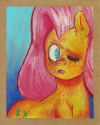 Size: 1987x2483 | Tagged: safe, artist:raph13th, derpibooru import, fluttershy, pegasus, pony, oil pastels, one eye closed, solo, traditional art, wingless