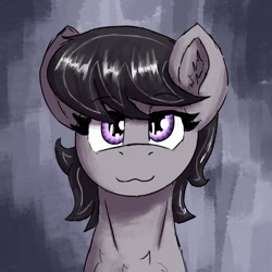 Size: 1592x1592 | Tagged: safe, artist:reddthebat, derpibooru import, octavia melody, earth pony, pony, :3, abstract background, alternate hairstyle, bust, ear fluff, ears, female, lidded eyes, looking at you, mare, missing accessory, smiling, smiling at you, solo
