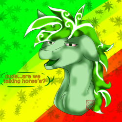 Size: 6000x6000 | Tagged: safe, artist:drawingkitty24, derpibooru import, pony, 420, detailed mane, drugs, green eyes, green mane, high pony, marijuana, red eyes, simple background, solo, talking to viewer, weeds