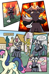 Size: 1567x2351 | Tagged: safe, artist:virmir, derpibooru import, bon bon, sweetie drops, oc, oc:shifting sands, oc:virmare, oc:virmir, earth pony, pegasus, pony, unicorn, comic:so you've become a pony villain, burning, comic, dialogue, fire, glowing, glowing eyes, glowing horn, horn, implied pinkie pie, narration, pony oc, ponyville, speech bubble