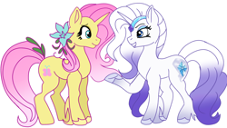 Size: 1280x720 | Tagged: artist needed, safe, derpibooru import, fluttershy, rarity, pony, unicorn, crown, duo, duo female, eye contact, eyebrows, eyeshadow, female, flower, flower in hair, g5 concept leak style, g5 concept leaks, jewelry, looking at each other, looking at someone, makeup, mare, open mouth, open smile, race swap, raised hoof, raised leg, regalia, simple background, smiling, smiling at each other, unicorn fluttershy, white background