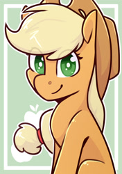 Size: 1280x1817 | Tagged: safe, artist:jellysketch, derpibooru import, applejack, earth pony, pony, applejack's hat, bust, clothes, cowboy hat, cutie mark background, female, hat, mare, portrait, signature, smiling, solo