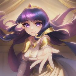 Size: 1280x1280 | Tagged: safe, derpibooru import, editor:sammykun, generator:novelai, generator:stable diffusion, machine learning generated, twilight sparkle, human, breasts, clothes, crown, dress, evening gloves, gloves, gold, hand, headlight sparkle, humanized, jewelry, lips, long gloves, long hair, looking at you, metal, necklace, offscreen character, pov, reaching, regalia, smiling, solo