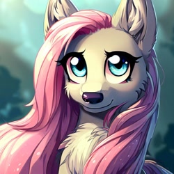 Size: 1000x1000 | Tagged: safe, derpibooru import, generator:stable diffusion, machine learning generated, fluttershy, wolf, flutterwolf, looking at you, solo, species swap, wolfified
