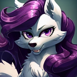 Size: 1000x1000 | Tagged: safe, derpibooru import, generator:stable diffusion, machine learning generated, rarity, wolf, bedroom eyes, looking at you, smiling, smiling at you, solo, species swap, wolfified, wolfity