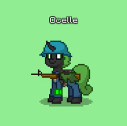 Size: 833x826 | Tagged: safe, derpibooru import, oc, oc only, oc:ocelle, changeling, fallout equestria, ashes town, blockhouse security, changeling oc, green changeling, in old geneva, security guard, security officer