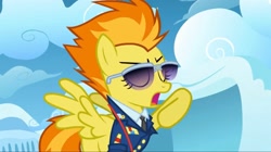 Size: 2160x1210 | Tagged: safe, derpibooru import, screencap, spitfire, pegasus, pony, wonderbolts academy, clothes, cloud, cloudsdale, drill sergeant, female, mare, necktie, needs more jpeg, solo, spread wings, suit, sunglasses, uniform, whistle necklace, wings, wonderbolts dress uniform