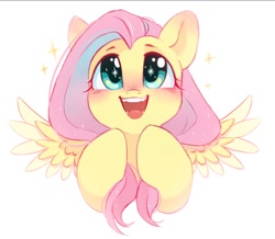 Size: 1200x1045 | Tagged: safe, artist:melodylibris, derpibooru import, fluttershy, pegasus, pony, blushing, cute, daaaaaaaaaaaw, ear blush, female, mare, open mouth, open smile, shyabetes, simple background, smiling, solo, sparkles, spread wings, white background, wings