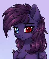 Size: 2856x3430 | Tagged: safe, artist:konejo, derpibooru import, oc, oc only, oc:pestyskillengton, pegasus, pony, blue background, bust, chest fluff, female, heterochromia, mare, simple background, sketch, smiling, solo