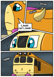 Size: 2480x3507 | Tagged: safe, artist:rex-equinox, derpibooru import, part of a set, smolder, comic, commission, inanimate tf, locomotive, story included, train, train pony, trainified, transformation