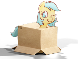 Size: 1432x1082 | Tagged: safe, artist:xppp1n, oc, oc:boxfilly, blender cycles, box, female, filly, foal, simple background, solo, transparent background