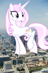 Size: 1920x2880 | Tagged: safe, artist:missgoldendragon, derpibooru import, edit, editor:jaredking779, fleur-de-lis, pony, unicorn, california, female, giant pony, giant unicorn, giantess, high res, highrise ponies, irl, looking at you, los angeles, macro, mare, mega giant, open mouth, photo, ponies in real life, raised hoof, raised leg, solo