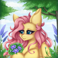 Size: 2000x2000 | Tagged: safe, artist:saltyvity, derpibooru import, fluttershy, pegasus, pony, big eyes, blushing, complex background, cute, ear fluff, ears, embarrassed, flower, fluffy, forest, forest background, grass, green eyes, happy, leaf, pink mane, shyabetes, sky, smiley face, solo, sparkles, summer, summer sunset, sun, tree