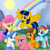 Size: 1400x1400 | Tagged: safe, artist:mlplary6, derpibooru import, li'l cheese, oc, oc:apple sweet, oc:jewel, oc:melody blossom, oc:speedy dash, oc:star sparkle, earth pony, pegasus, pony, unicorn, the last problem, alicorn wings, bow, cloud, female, filly, flower, flower in hair, flying, foal, hair bow, looking at you, lying down, mountain, offspring, parent:applejack, parent:big macintosh, parent:caramel, parent:cheese sandwich, parent:fancypants, parent:flash sentry, parent:fluttershy, parent:pinkie pie, parent:rainbow dash, parent:rarity, parent:soarin', parent:twilight sparkle, parents:carajack, parents:cheesepie, parents:flashlight, parents:fluttermac, parents:raripants, parents:soarindash, rainbow, sitting, sky, smiling, smiling at you, sun, wings