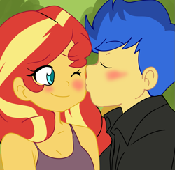 Size: 1049x1024 | Tagged: safe, artist:studiodraw, color edit, derpibooru import, edit, flash sentry, sunset shimmer, human, equestria girls, blushing, colored, eye color change, eyes closed, female, flashimmer, kiss on the cheek, kissing, male, one eye closed, shipping, smiling, straight