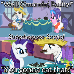 Size: 3072x3072 | Tagged: safe, derpibooru import, edit, edited screencap, editor:itsmgh1203, screencap, cookie crumbles, hondo flanks, rarity, pony, unicorn, season 2, sisterhooves social, burnt, carousel boutique, female, male, mare, open mouth, open smile, smiling, stallion, text, trio
