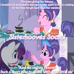 Size: 3072x3072 | Tagged: safe, derpibooru import, edit, edited screencap, editor:itsmgh1203, screencap, cookie crumbles, rarity, pony, unicorn, season 2, sisterhooves social, ^^, burnt, carousel boutique, duo, duo female, eyes closed, female, mare, open mouth, open smile, smiling, text