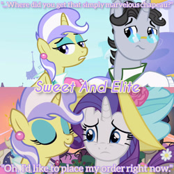 Size: 3072x3072 | Tagged: safe, derpibooru import, edit, edited screencap, editor:itsmgh1203, screencap, jet set, rarity, upper crust, pony, unicorn, season 2, sweet and elite, eyes closed, female, frown, male, mare, smiling, stallion, text, trio