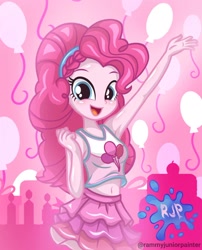 Size: 1080x1335 | Tagged: safe, artist:rjp.rammy, derpibooru import, pinkie pie, human, equestria girls, equestria girls series, armpits, bare shoulders, belly button, blushing, breasts, clothes, cute, cutie mark on clothes, diapinkes, female, looking at you, open mouth, open smile, pinkie pies, reasonably sized breasts, signature, sleeveless, smiling, smiling at you, solo, tanktop