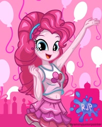 Size: 1080x1335 | Tagged: safe, alternate version, artist:rjp.rammy, derpibooru import, pinkie pie, human, equestria girls, equestria girls series, armpits, bare shoulders, belly button, blushing, breasts, clothes, cute, cutie mark on clothes, diapinkes, female, looking at you, open mouth, open smile, pinkie pies, reasonably sized breasts, signature, sleeveless, smiling, smiling at you, solo, tanktop