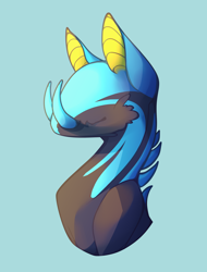 Size: 1900x2500 | Tagged: safe, artist:lazymishel, derpibooru import, alien, alien pony, fallout equestria, fallout equestria: dead tree, bioluminescent, black coat, blue glow, glowing, glowing ears, glowing horn, horn, horns, t'doshan