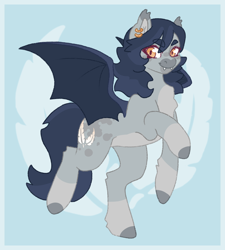 Size: 1350x1500 | Tagged: safe, artist:nyrillen, derpibooru import, oc, oc only, bat pony, pony, bat pony oc, blue background, blue mane, body markings, cutie mark, ear piercing, facial markings, fangs, female, mare, piercing, pony oc, pony town, simple background, solo, spread wings, wings