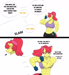 Size: 3777x4096 | Tagged: safe, artist:matchstickman, derpibooru import, apple bloom, anthro, earth pony, abs, apple bloom's bow, apple bloomed, apple brawn, armpits, biceps, bow, breasts, clothes, comic, deltoids, dialogue, female, fingerless gloves, gloves, grin, hair bow, implied applejack, looking at you, mare, matchstickman's apple brawn series, muscles, muscular female, offscreen character, older, older apple bloom, pecs, simple background, smiling, solo, speech bubble, white background