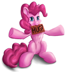 Size: 1150x1235 | Tagged: safe, artist:callichrome, derpibooru import, pinkie pie, earth pony, pony, belly button, bipedal, cute, diapinkes, female, fluffy, hind legs, hug request, looking at you, sign, simple background, sitting, solo, tail, text, transparent background