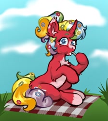 Size: 1143x1276 | Tagged: safe, artist:caninecrypt, derpibooru import, oc, oc only, pony, unicorn, cereal, female, food, horn, outdoors, picnic blanket, solo, spoon, unicorn oc