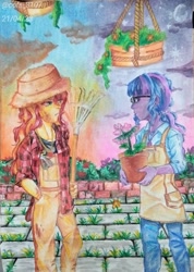 Size: 1488x2088 | Tagged: safe, artist:cola_3107, derpibooru import, sci-twi, sunset shimmer, twilight sparkle, equestria girls, duo, female, flower, flower pot, garden, hat, rake, traditional art