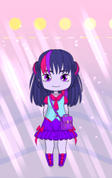 Size: 720x1136 | Tagged: safe, artist:u66589, twilight sparkle, human, equestria girls, 4+, aesthetic background, anime, bag, bangs, cartoon, chibi, cute, dressup, female, for kids only, gacha life, hair, kids game, looking at you, schoolgirl, solo, solo female