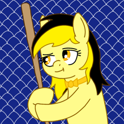 Size: 800x800 | Tagged: safe, artist:anonymous, ponerpics import, oc, oc only, oc:leslie fair, earth pony, pony, /mlpol/, baseball bat, bowtie, costanza face, costanza.jpg, female, george costanza, ishygddt, meme, reaction image, seinfeld, smiling, smirk, solo