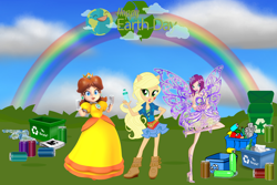 Size: 3000x2000 | Tagged: safe, artist:sugar-loop, artist:user15432, derpibooru import, applejack, human, equestria girls, apple daisy, barely eqg related, blue sky, bottle, butterflix, can, cloud, crossed arms, crossover, earth day, fairy, fairy wings, hand on hip, holiday, looking at you, newspaper, paper, plastic, ponied up, princess daisy, rainbow, recycle, recycle bin, recycling, school spirit, smiling, soda, soda can, super mario bros., tecna, water bottle, wings, winx club
