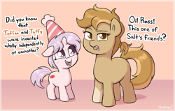 Size: 2885x1830 | Tagged: safe, artist:heretichesh, derpibooru import, oc, oc only, oc:peanut toffy, oc:red pill, birthday hats, british, facts, female, filly, foal, looking offscreen, nervous, offscreen character, sweat, sweating