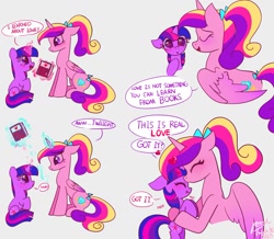 Size: 1511x1316 | Tagged: safe, artist:petaltwinkle, derpibooru import, princess cadance, twilight sparkle, unicorn twilight, alicorn, pony, unicorn, blushing, book, comic, cute, cutedance, dialogue, eye clipping through hair, eyes closed, female, filly, filly twilight sparkle, foal, forehead kiss, gray background, height difference, holding a pony, kissing, levitation, magic, simple background, sitting, smiling, starry eyes, teen princess cadance, telekinesis, tongue, tongue out, twiabetes, wavy mouth, wholesome, wingding eyes, younger