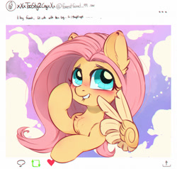 Size: 1500x1427 | Tagged: safe, artist:inkypuso, derpibooru import, fluttershy, pegasus, pony, blushing, bust, chest fluff, chromatic aberration, cute, ear fluff, ears, feather fingers, female, grin, lip bite, looking away, mare, meta, peace sign, raised hoof, raised leg, shyabetes, smiling, solo, three quarter view, twitter, wing hands, wings