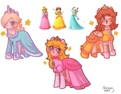 Size: 869x677 | Tagged: safe, artist:amaeeart, derpibooru import, earth pony, pegasus, pony, unicorn, clothes, crown, dress, gown, jewelry, ponified, princess daisy, princess peach, princess rosalina, regalia, rosalina, simple background, species swap, super mario bros., white background