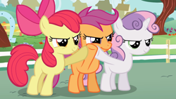 Size: 1920x1080 | Tagged: safe, derpibooru import, screencap, apple bloom, scootaloo, sweetie belle, earth pony, pegasus, pony, unicorn, flight to the finish, season 4, apple bloom's bow, blank flank, bow, cutie mark crusaders, female, filly, foal, hair bow, trio
