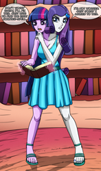 Size: 2166x3686 | Tagged: safe, artist:artemis-polara, derpibooru import, rarity, twilight sparkle, human, equestria girls, book, bookshelf, breasts, cleavage, clothes, commission, conjoined, dress, equestria girls interpretation, fusion, golden oaks library, headlight sparkle, levitation, magic, multiple heads, raritits, remake, scene interpretation, speech bubble, spell gone wrong, telekinesis, two heads, two heads are better than one, we have become one