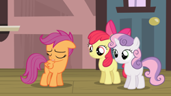 Size: 1920x1080 | Tagged: safe, derpibooru import, screencap, apple bloom, scootaloo, sweetie belle, earth pony, pegasus, pony, unicorn, flight to the finish, season 4, apple bloom's bow, blank flank, bow, cutie mark crusaders, eyes closed, female, filly, foal, hair bow, train station, trio