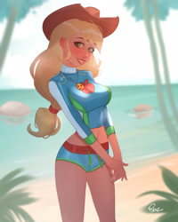 Size: 3200x4000 | Tagged: safe, artist:joe pekar, derpibooru import, part of a set, applejack, human, better together, equestria girls, forgotten friendship, beach, clothes, female, geode of super strength, hat, looking at you, magical geodes, ocean, smiling, smiling at you, solo, swimsuit, water